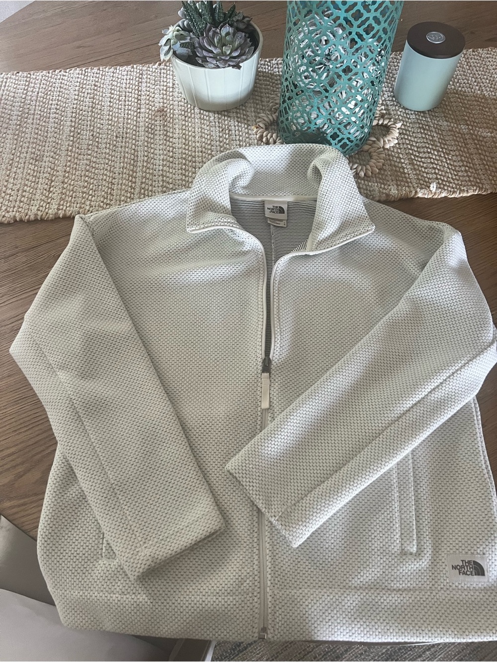 The North Face Women’s Cream with brown stitching Zip-Up Knit Jacket